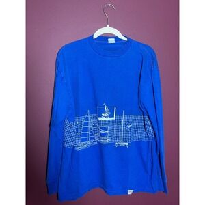 Vintage Crazy Shirts Hawaii Blue Long Sleeve Sailboat Blueprint Graphic Tee